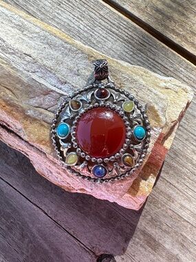 Sterling Silver Pendant with Carnelian Tigers eye Turquoise Jade and Lapis